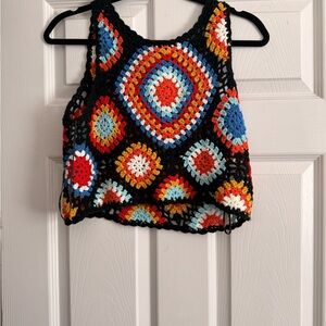 Altar'd State Black Crochet Crop Top with Multicolor Circles